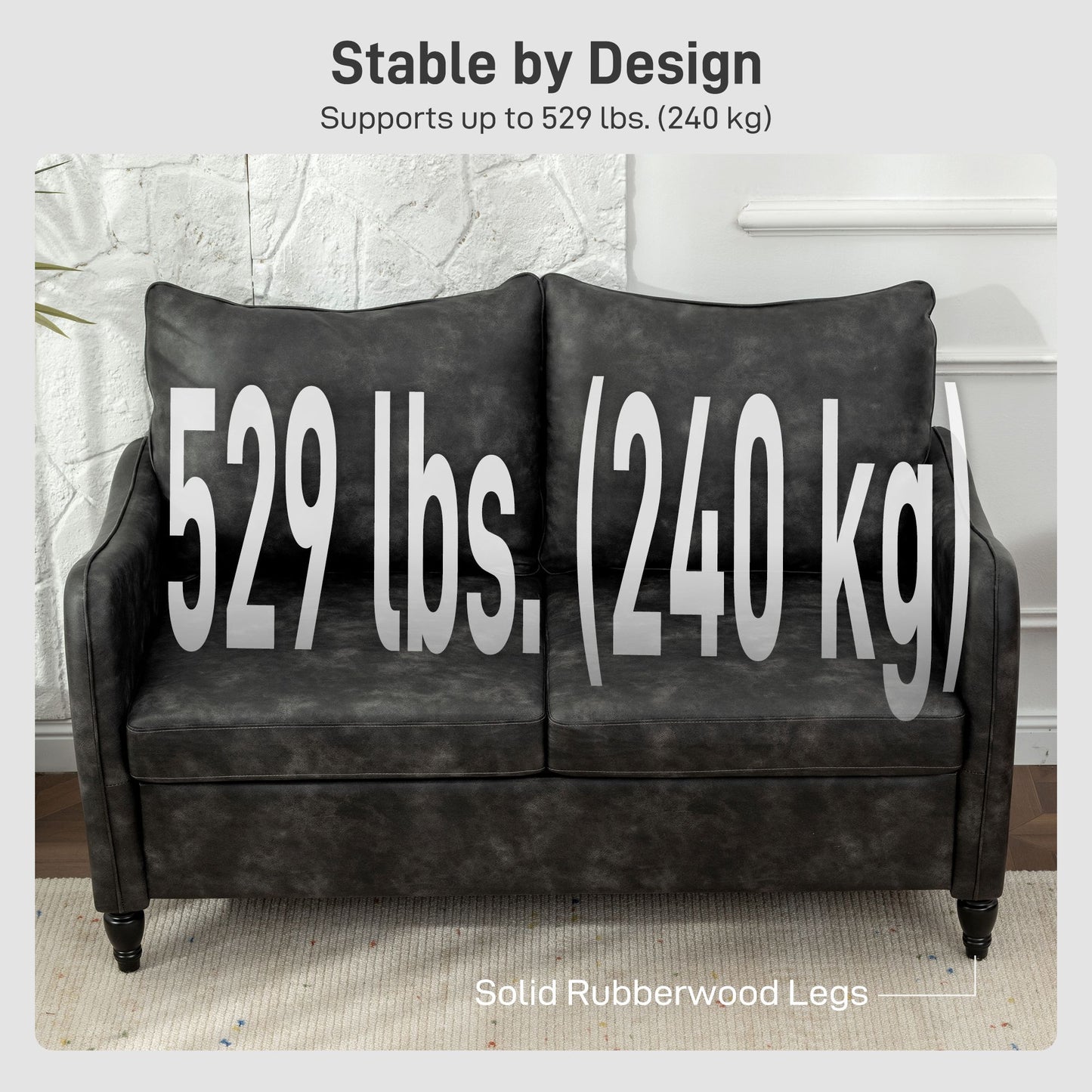 55" Loveseat Sofa, Small 2 Seater Couch with Solid Wood Legs, Modern PU Leather Upholstered Sofa for Small Spaces, Grey