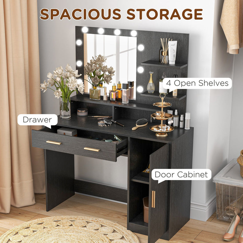 Illuminated Dressing Table Set, LED Vanity Table Set with Stool, LED Mirror, Drawer and Cabinet Shelves for Bedroom