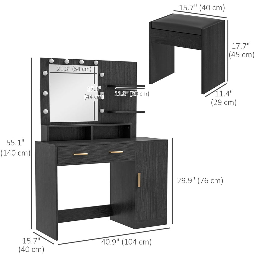 Illuminated Dressing Table Set, LED Vanity Table Set with Stool, LED Mirror, Drawer and Cabinet Shelves for Bedroom