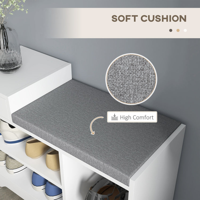 Upholstered Shoe Storage Bench, Hallway Shoe Storage with Seat, Drawer, 3 Open Shelves for Entryway, White