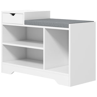 Upholstered Shoe Storage Bench, Hallway Shoe Storage with Seat, Drawer, 3 Open Shelves for Entryway, White