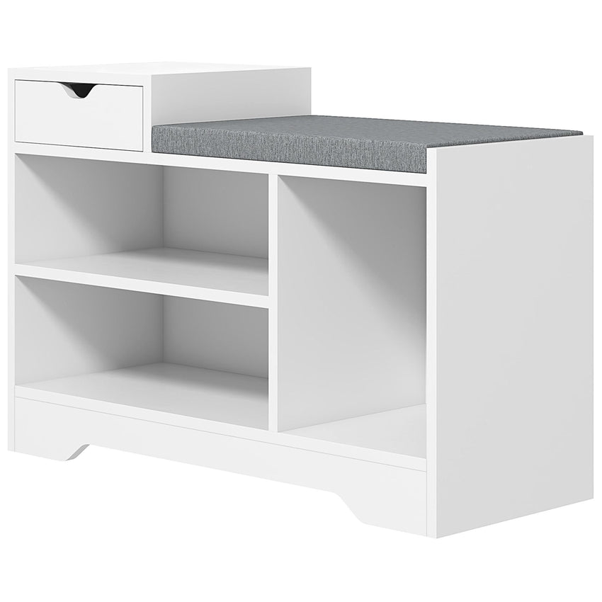 Upholstered Shoe Storage Bench, Hallway Shoe Storage with Seat, Drawer, 3 Open Shelves for Entryway, White