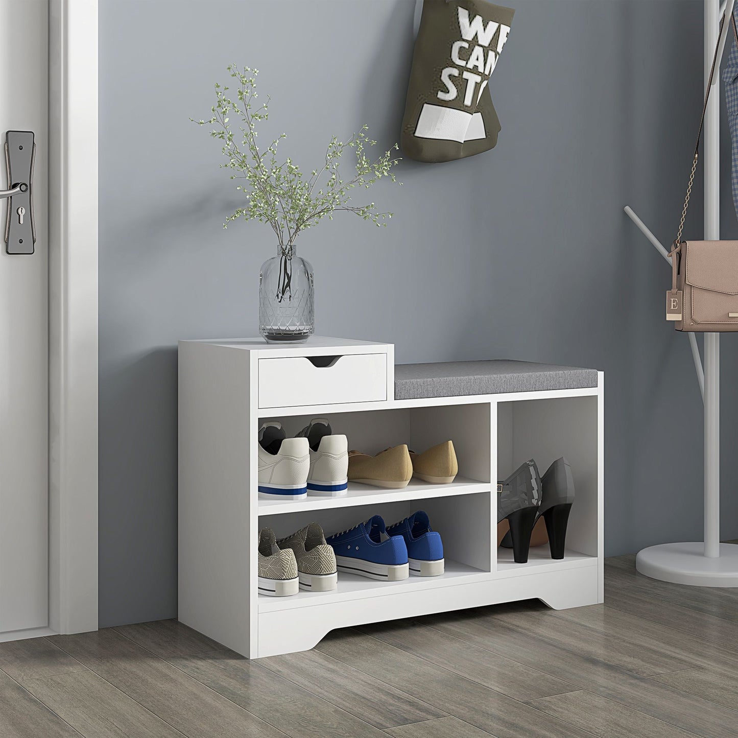Upholstered Shoe Storage Bench, Hallway Shoe Storage with Seat, Drawer, 3 Open Shelves for Entryway, White