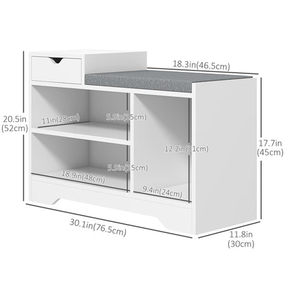 Upholstered Shoe Storage Bench, Hallway Shoe Storage with Seat, Drawer, 3 Open Shelves for Entryway, White