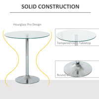 Round Dining Table, Modern Pub Table with Tempered Glass Top, Galvanized Metal Base, Small Dining Table, Silver