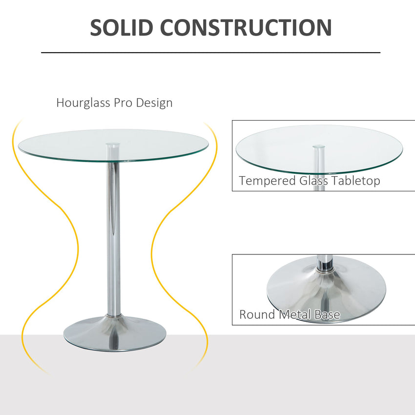 Round Dining Table, Modern Pub Table with Tempered Glass Top, Galvanized Metal Base, Small Dining Table, Silver