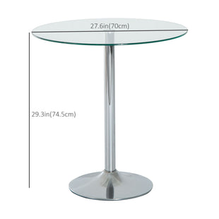 Round Dining Table, Modern Pub Table with Tempered Glass Top, Galvanized Metal Base, Small Dining Table, Silver