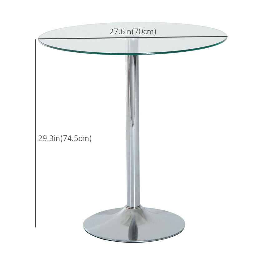 Round Dining Table, Modern Pub Table with Tempered Glass Top, Galvanized Metal Base, Small Dining Table, Silver