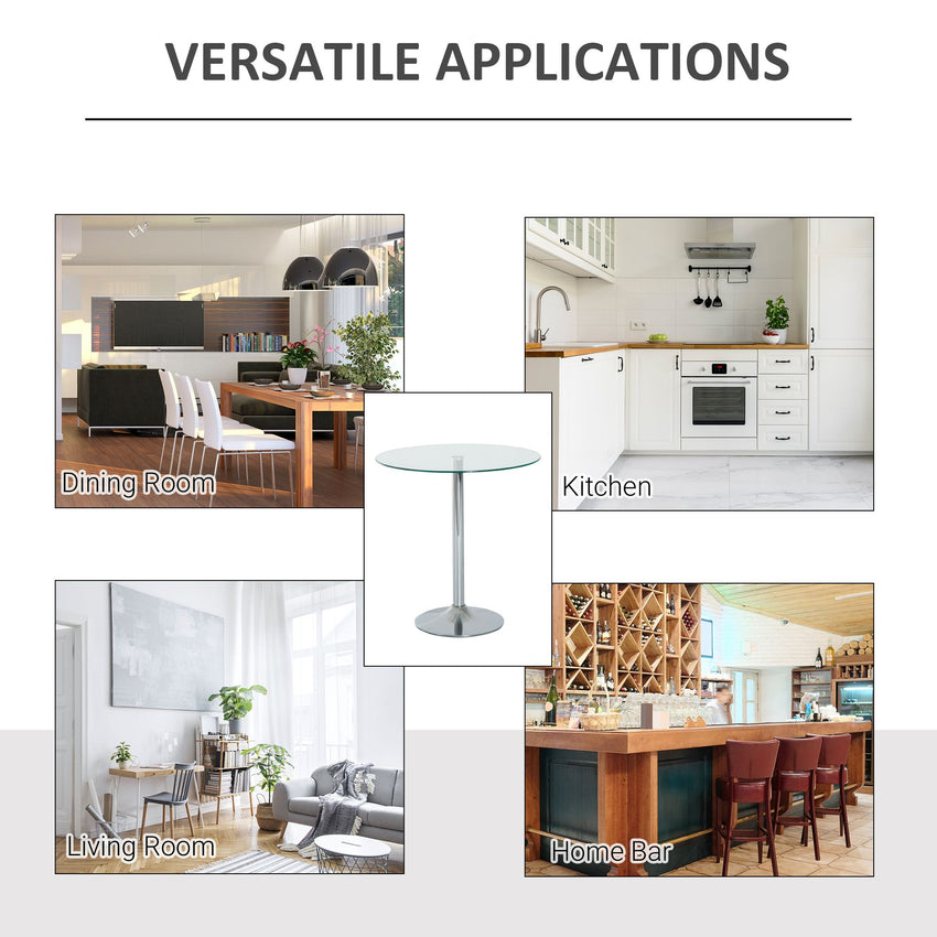 Round Dining Table, Modern Pub Table with Tempered Glass Top, Galvanized Metal Base, Small Dining Table, Silver