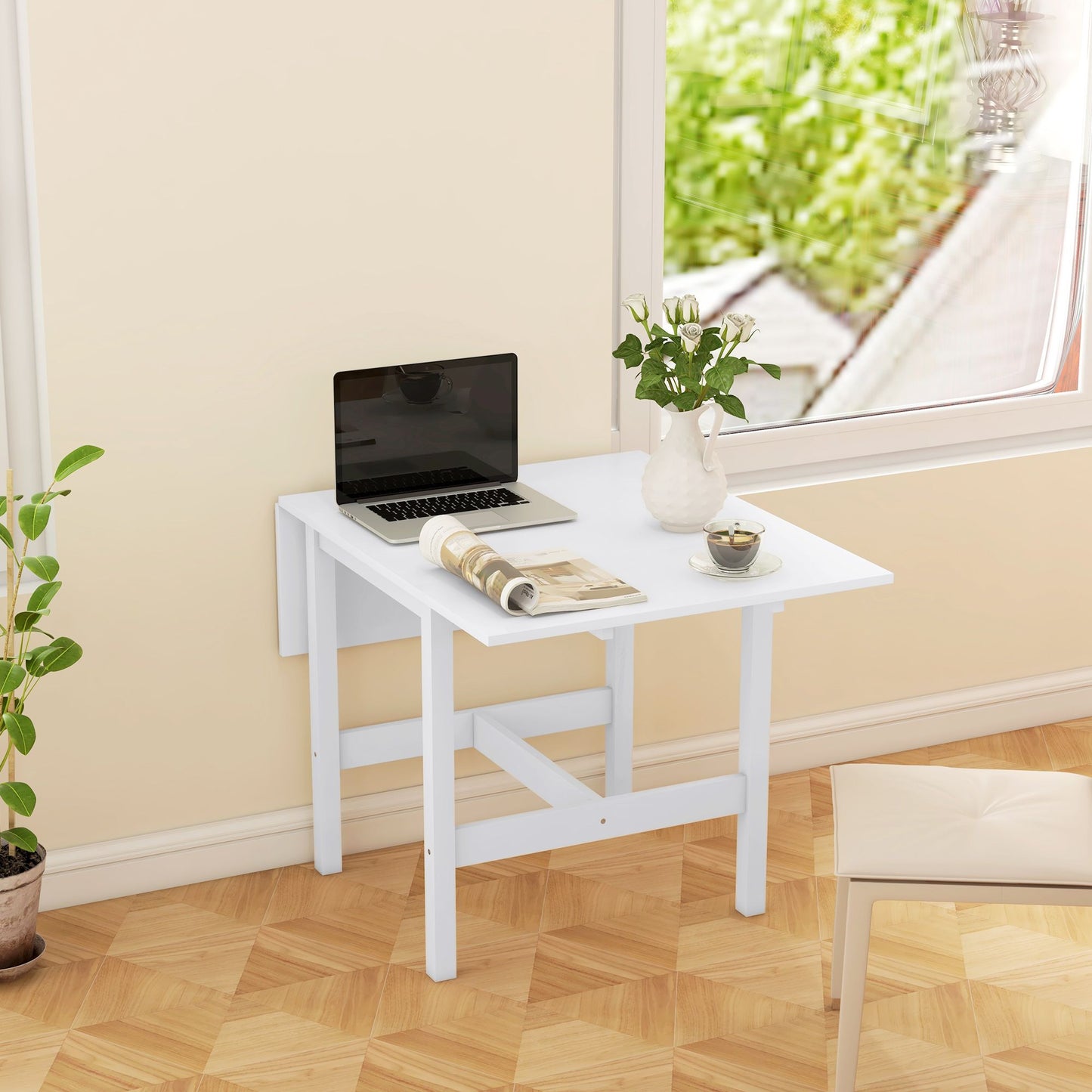 Solid Wood Kitchen Table, Farmhouse Drop Leaf Tables for Small Spaces, Folding Dining Table, White