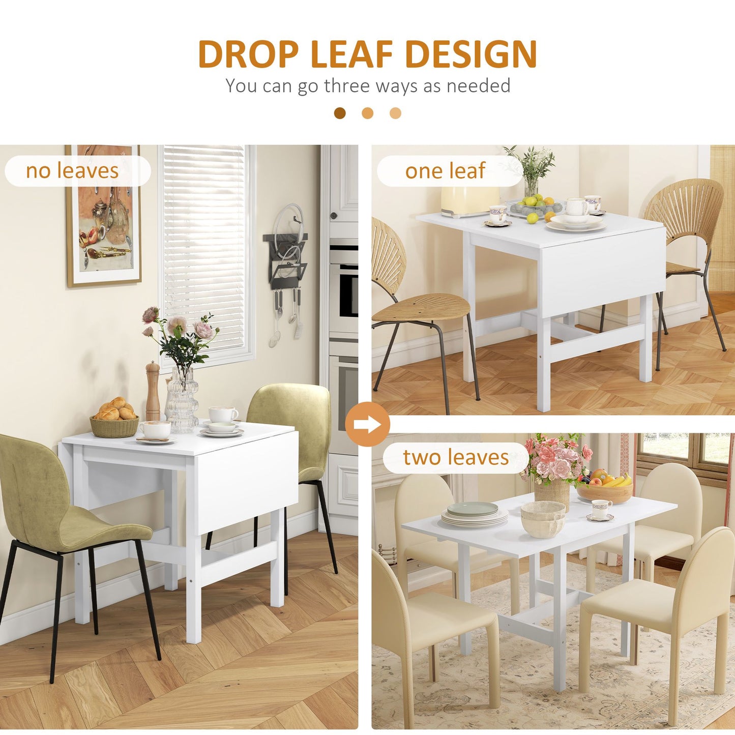 Solid Wood Kitchen Table, Farmhouse Drop Leaf Tables for Small Spaces, Folding Dining Table, White