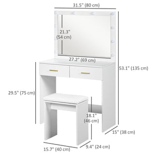 Makeup Vanity Desk Set with Stool, Dressing Table with LED Lighting Mirror, Drawers, for Bedroom, White
