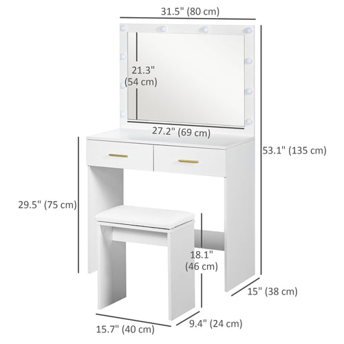 Makeup Vanity Desk Set with Stool, Dressing Table with LED Lighting Mirror, Drawers, for Bedroom, White