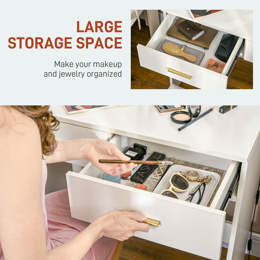 Makeup Vanity Desk Set with Stool, Dressing Table with LED Lighting Mirror, Drawers, for Bedroom, White