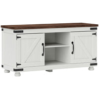 Farmhouse TV Stand for up to 50" TV, TV Cabinet with Barn Doors, Cable Management for Living Room, Distressed White