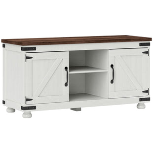 Farmhouse TV Stand for up to 50" TV, TV Cabinet with Barn Doors, Cable Management for Living Room, Distressed White