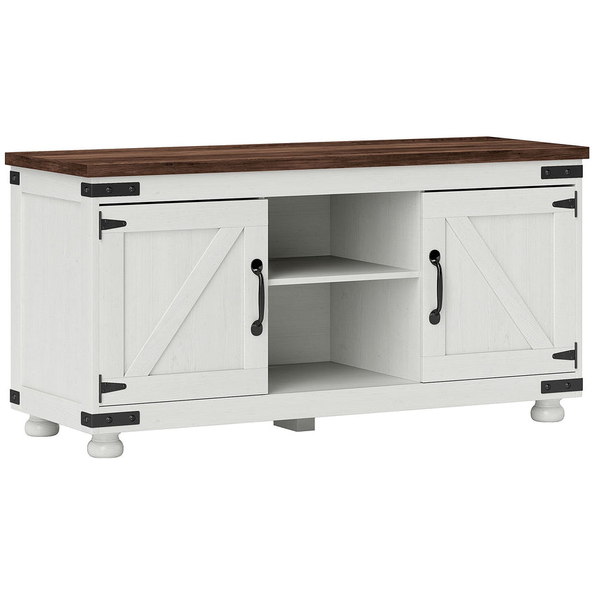 Farmhouse TV Stand for up to 50" TV, TV Cabinet with Barn Doors, Cable Management for Living Room, Distressed White