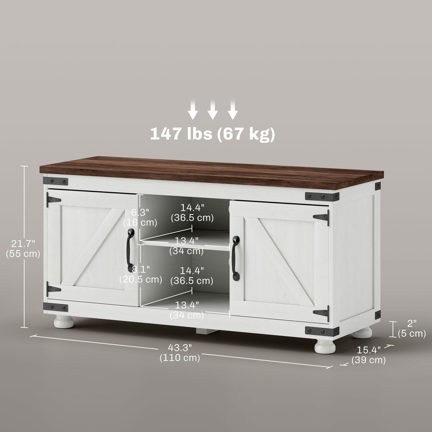 Farmhouse TV Stand for up to 50" TV, TV Cabinet with Barn Doors, Cable Management for Living Room, Distressed White