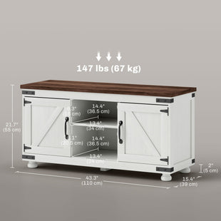 Farmhouse TV Stand for up to 50" TV, TV Cabinet with Barn Doors, Cable Management for Living Room, Distressed White