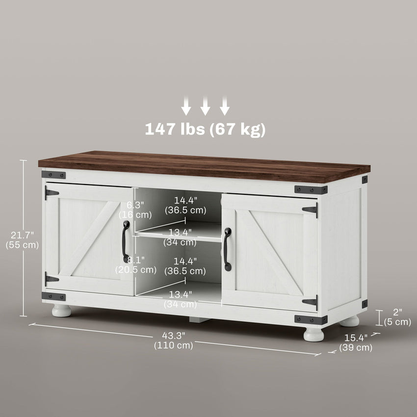 Farmhouse TV Stand for up to 50" TV, TV Cabinet with Barn Doors, Cable Management for Living Room, Distressed White