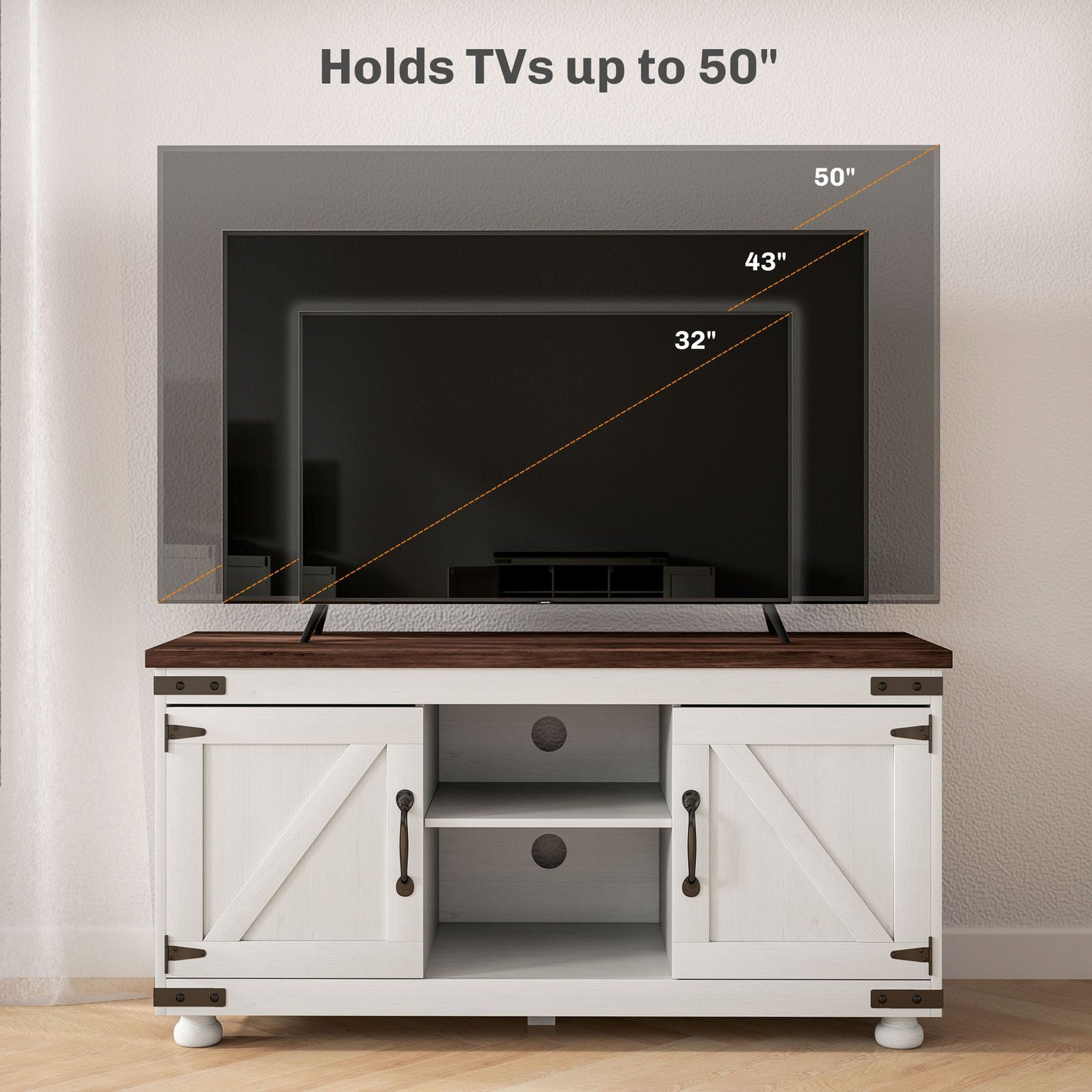 Farmhouse TV Stand for up to 50" TV, TV Cabinet with Barn Doors, Cable Management for Living Room, Distressed White