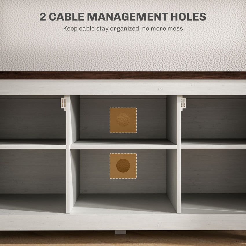 Farmhouse TV Stand for up to 50" TV, TV Cabinet with Barn Doors, Cable Management for Living Room, Distressed White