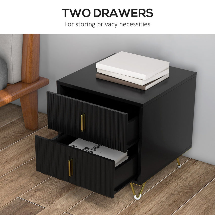 Bedside Table, Modern Nightstand with 2 Drawers, Side End Table with Metal Legs for Living Room, Bedroom, Black