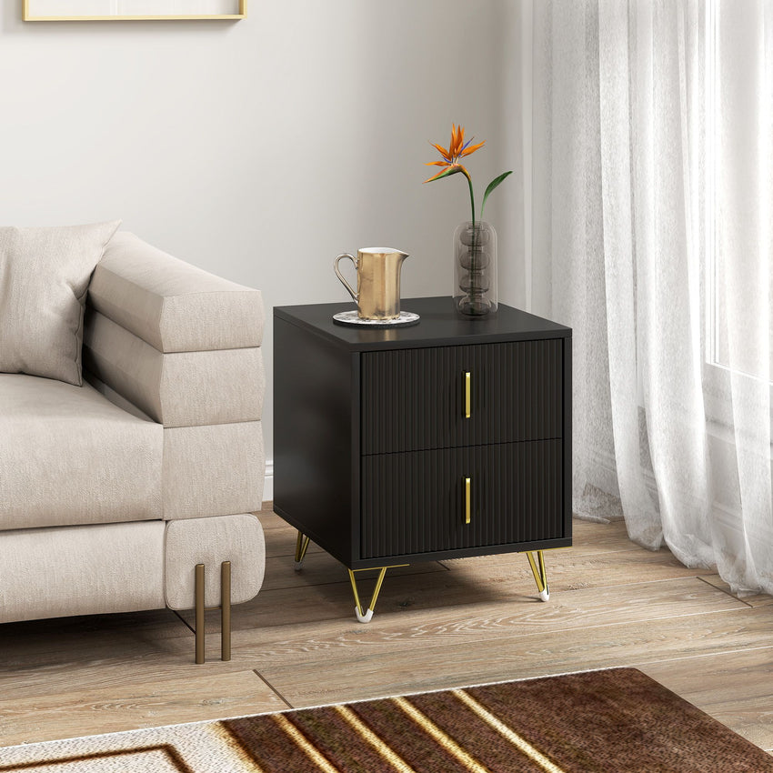 Bedside Table, Modern Nightstand with 2 Drawers, Side End Table with Metal Legs for Living Room, Bedroom, Black