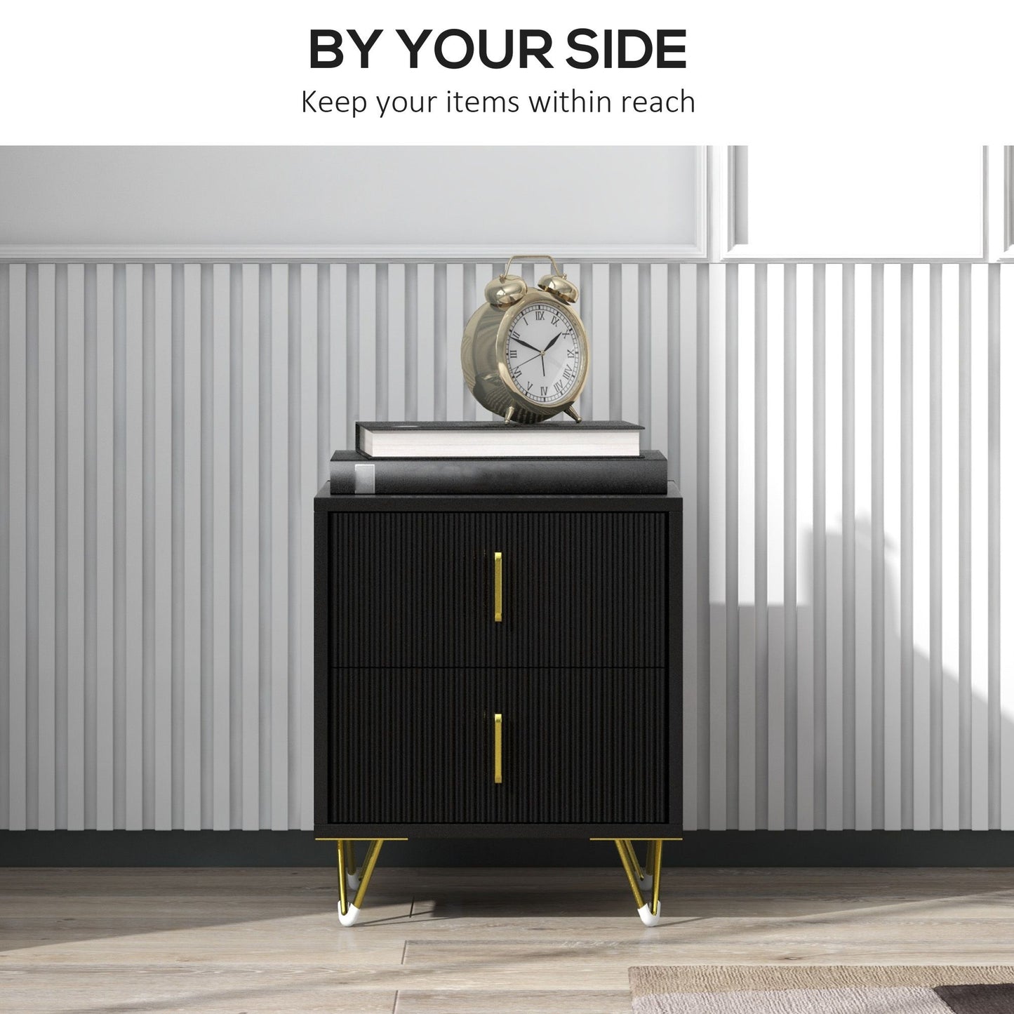 Bedside Table, Modern Nightstand with 2 Drawers, Side End Table with Metal Legs for Living Room, Bedroom, Black