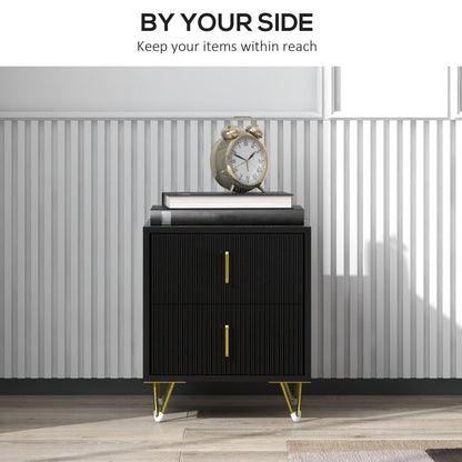 Bedside Table, Modern Nightstand with 2 Drawers, Side End Table with Metal Legs for Living Room, Bedroom, Black