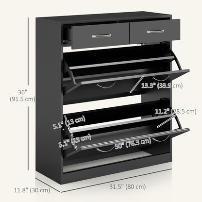 Narrow Shoe Storage with 2 Flip Drawers and Adjustable Shelves Shoe Cabinet Organizer for 12 Pairs of Shoes, Black