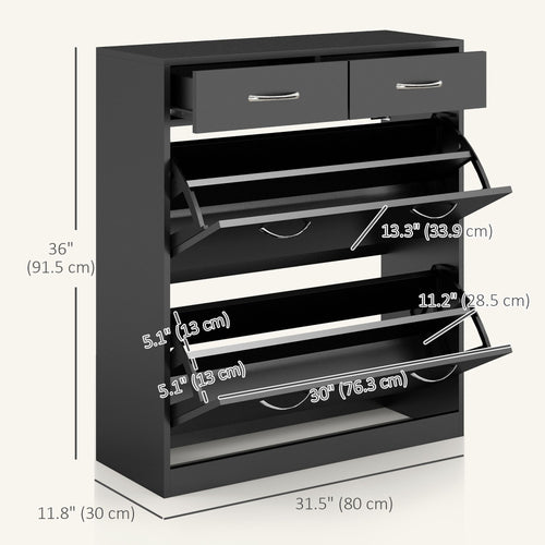 Narrow Shoe Storage with 2 Flip Drawers and Adjustable Shelves Shoe Cabinet Organizer for 12 Pairs of Shoes, Black
