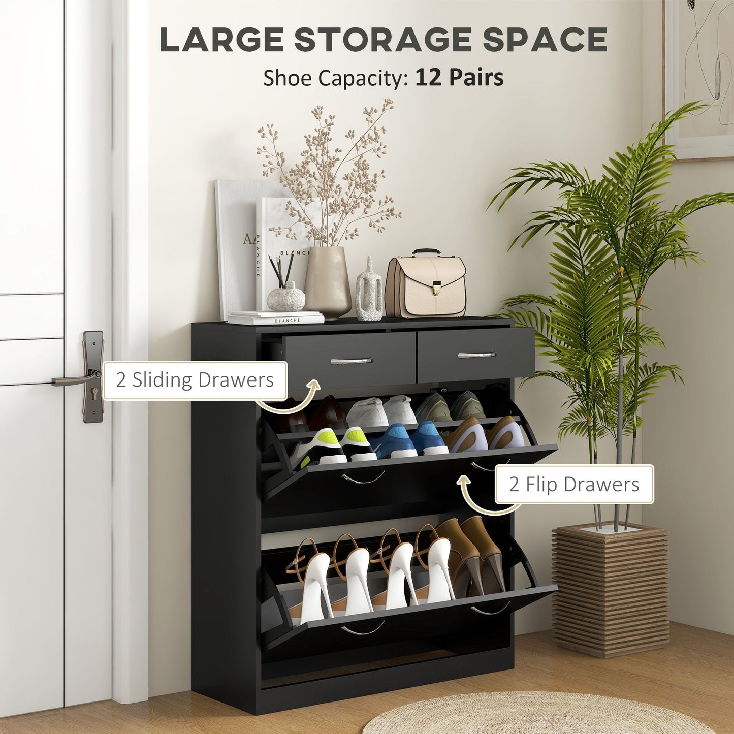Narrow Shoe Storage with 2 Flip Drawers and Adjustable Shelves Shoe Cabinet Organizer for 12 Pairs of Shoes, Black