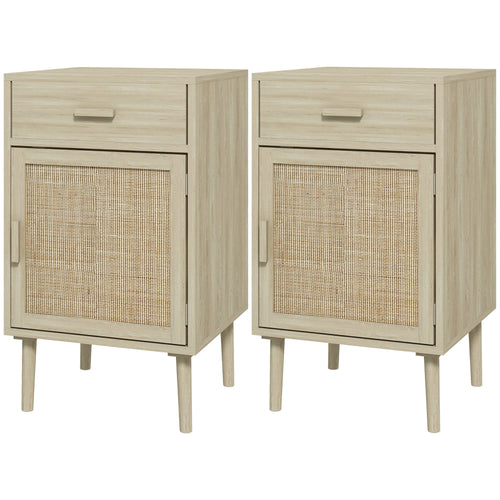 Boho Bedside Tables Set of 2, Nightstands with Drawer, Rattan Cabinet, Adjustable Shelf for Bedroom, Living Room, Oak
