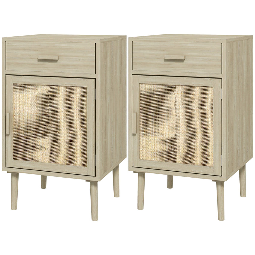 Boho Bedside Tables Set of 2, Nightstands with Drawer, Rattan Cabinet, Adjustable Shelf for Bedroom, Living Room, Oak