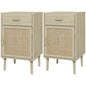 Boho Bedside Tables Set of 2, Nightstands with Drawer, Rattan Cabinet, Adjustable Shelf for Bedroom, Living Room, Oak