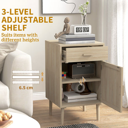 Boho Bedside Tables Set of 2, Nightstands with Drawer, Rattan Cabinet, Adjustable Shelf for Bedroom, Living Room, Oak