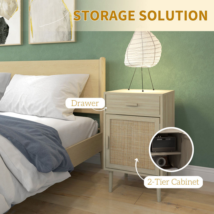 Boho Bedside Tables Set of 2, Nightstands with Drawer, Rattan Cabinet, Adjustable Shelf for Bedroom, Living Room, Oak