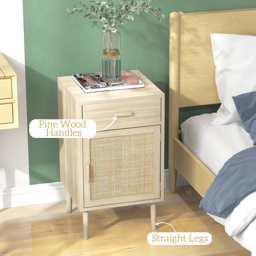 Boho Bedside Tables Set of 2, Nightstands with Drawer, Rattan Cabinet, Adjustable Shelf for Bedroom, Living Room, Oak