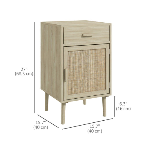 Boho Bedside Tables Set of 2, Nightstands with Drawer, Rattan Cabinet, Adjustable Shelf for Bedroom, Living Room, Oak