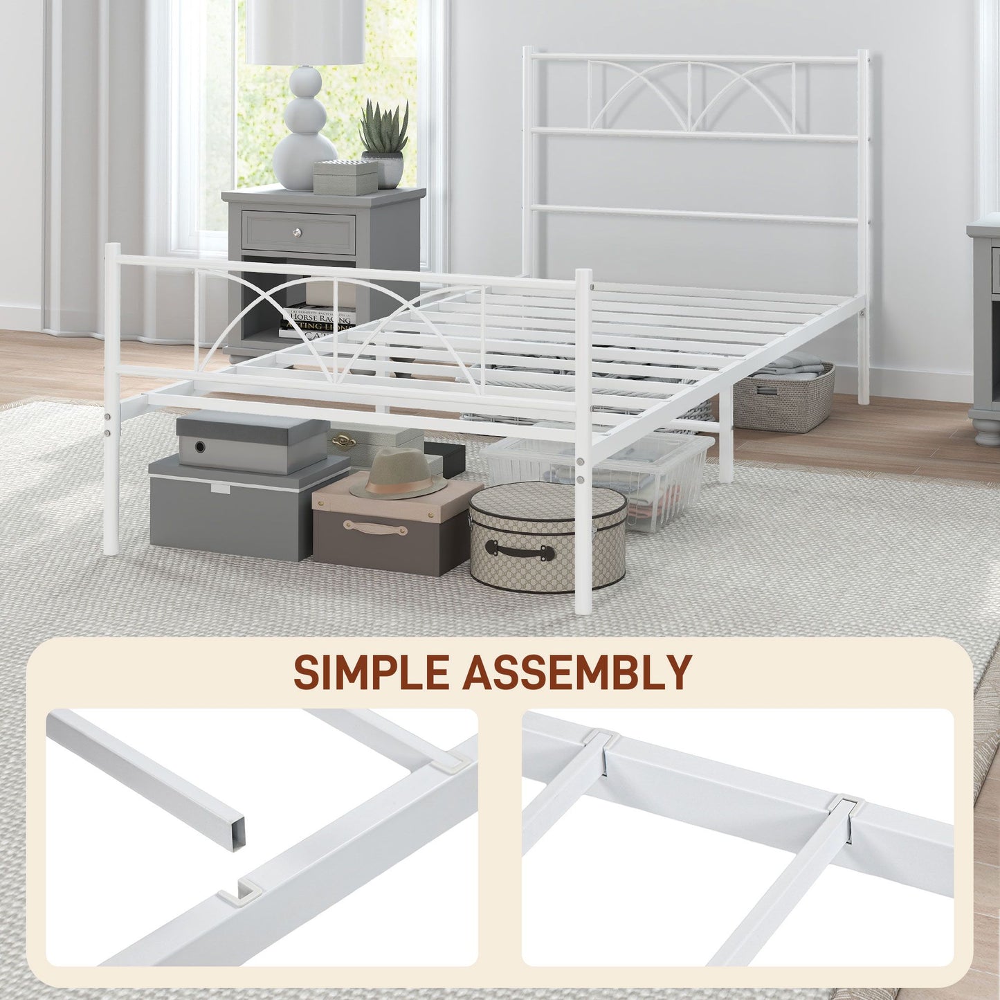 Metal Twin Platform Bed Frame with Headboard, Steel Slat Support, Underbed Storage, No Box Spring Needed, Easy Assembly