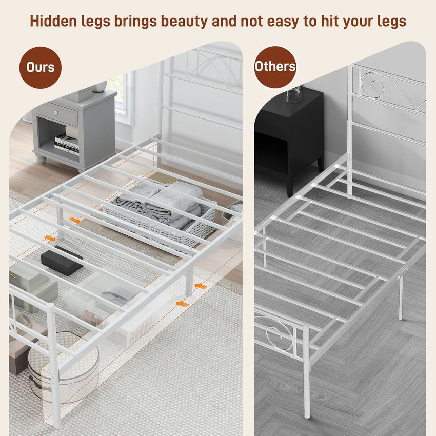 Metal Twin Platform Bed Frame with Headboard, Steel Slat Support, Underbed Storage, No Box Spring Needed, Easy Assembly