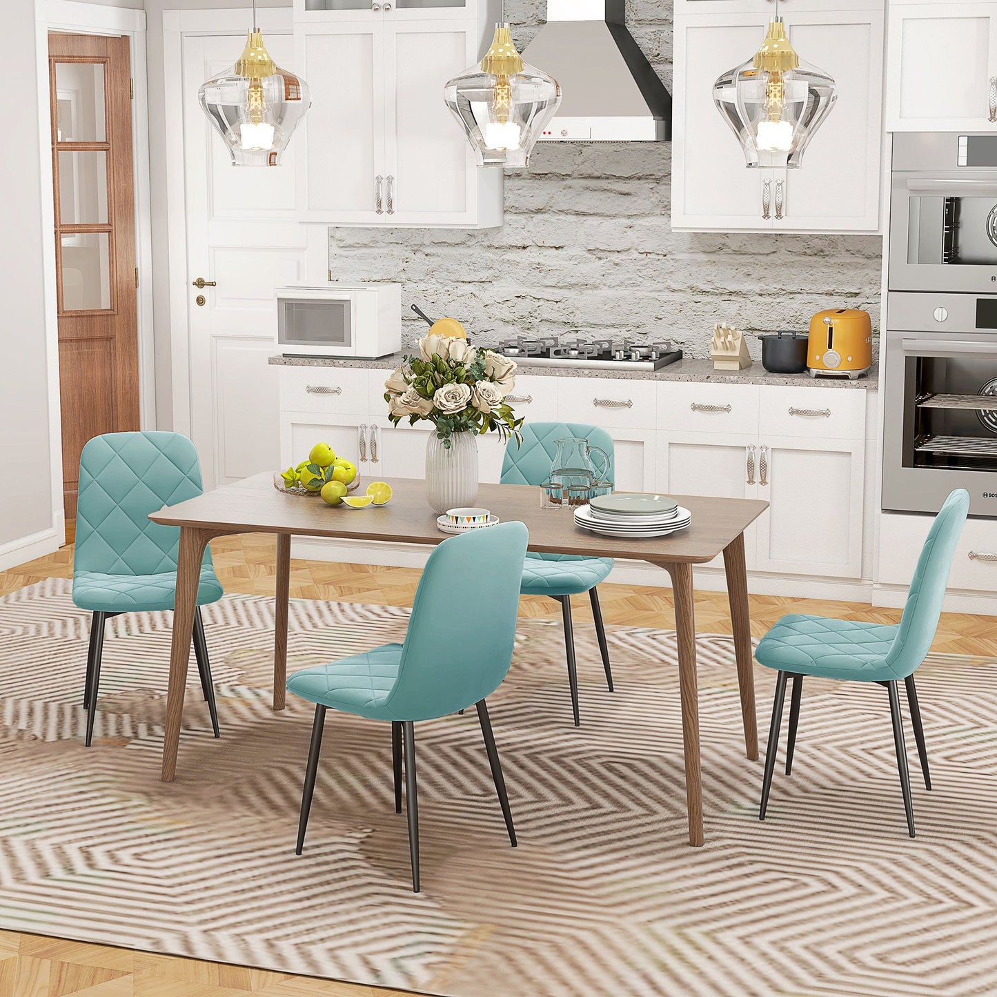 Dining Chairs Set of 4, Upholstered Dining Room Chairs with Steel Legs, Modern Kitchen Chair for Dining Room, Green