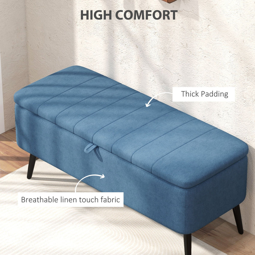 40" Ottoman with Storage, Linen Upholstered Storage Ottoman Bench with Steel Legs for Living Room, Bedroom Dark Blue