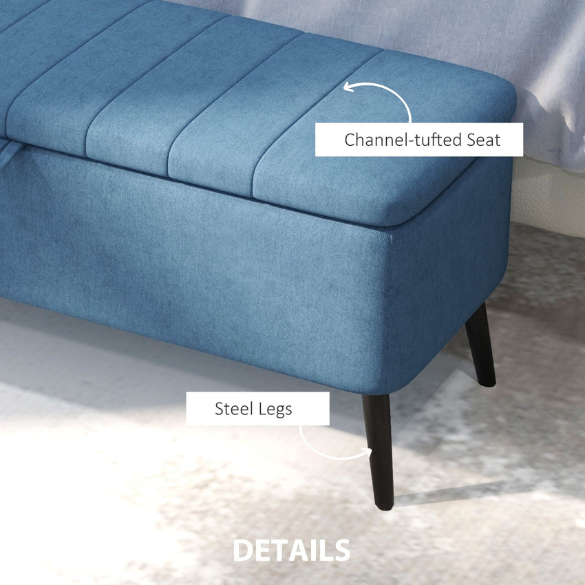 40" Ottoman with Storage, Linen Upholstered Storage Ottoman Bench with Steel Legs for Living Room, Bedroom Dark Blue