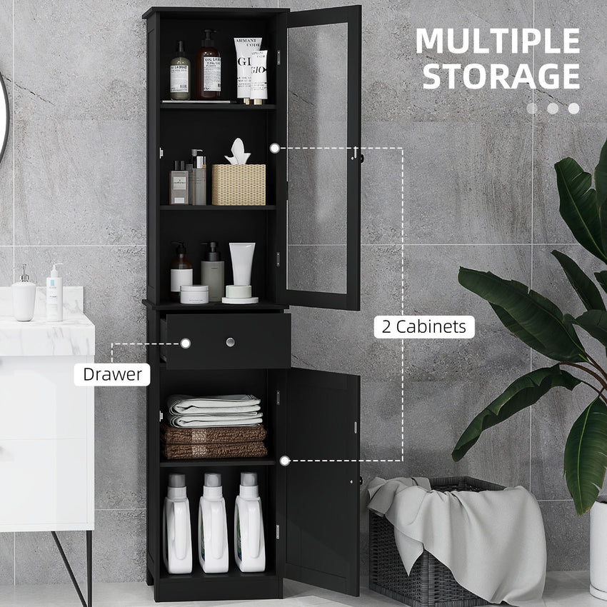 Tall Bathroom Cabinet, Bathroom Storage Cabinet with Drawers, 2 Doors and Adjustable Shelves, Black