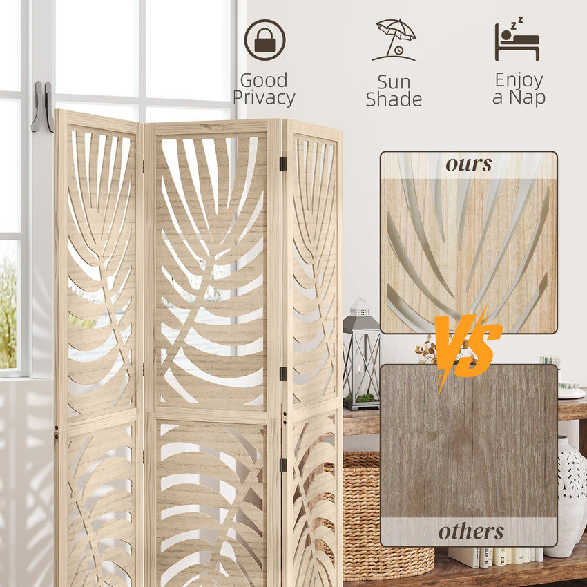 3 Panel Room Divider, Detachable Folding Privacy Screens with Palm Leaf Design for Home Office, Natural Wood Finish