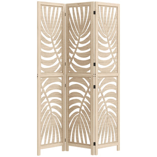 3 Panel Room Divider, Detachable Folding Privacy Screens with Palm Leaf Design for Home Office, Natural Wood Finish