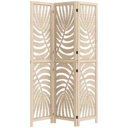 3 Panel Room Divider, Detachable Folding Privacy Screens with Palm Leaf Design for Home Office, Natural Wood Finish