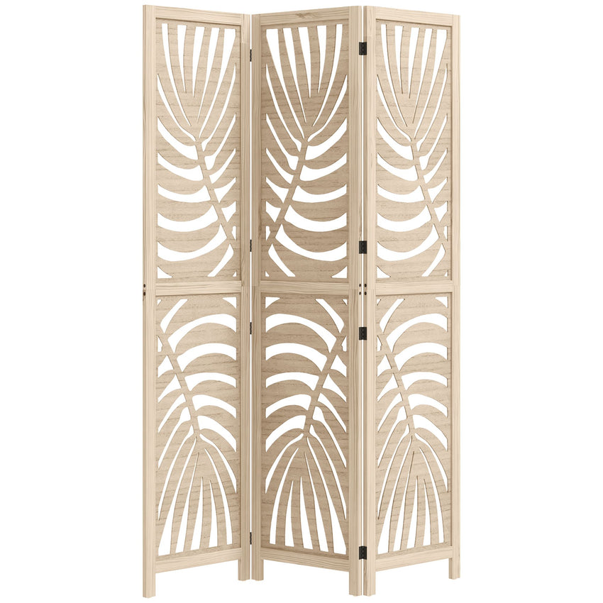 3 Panel Room Divider, Detachable Folding Privacy Screens with Palm Leaf Design for Home Office, Natural Wood Finish